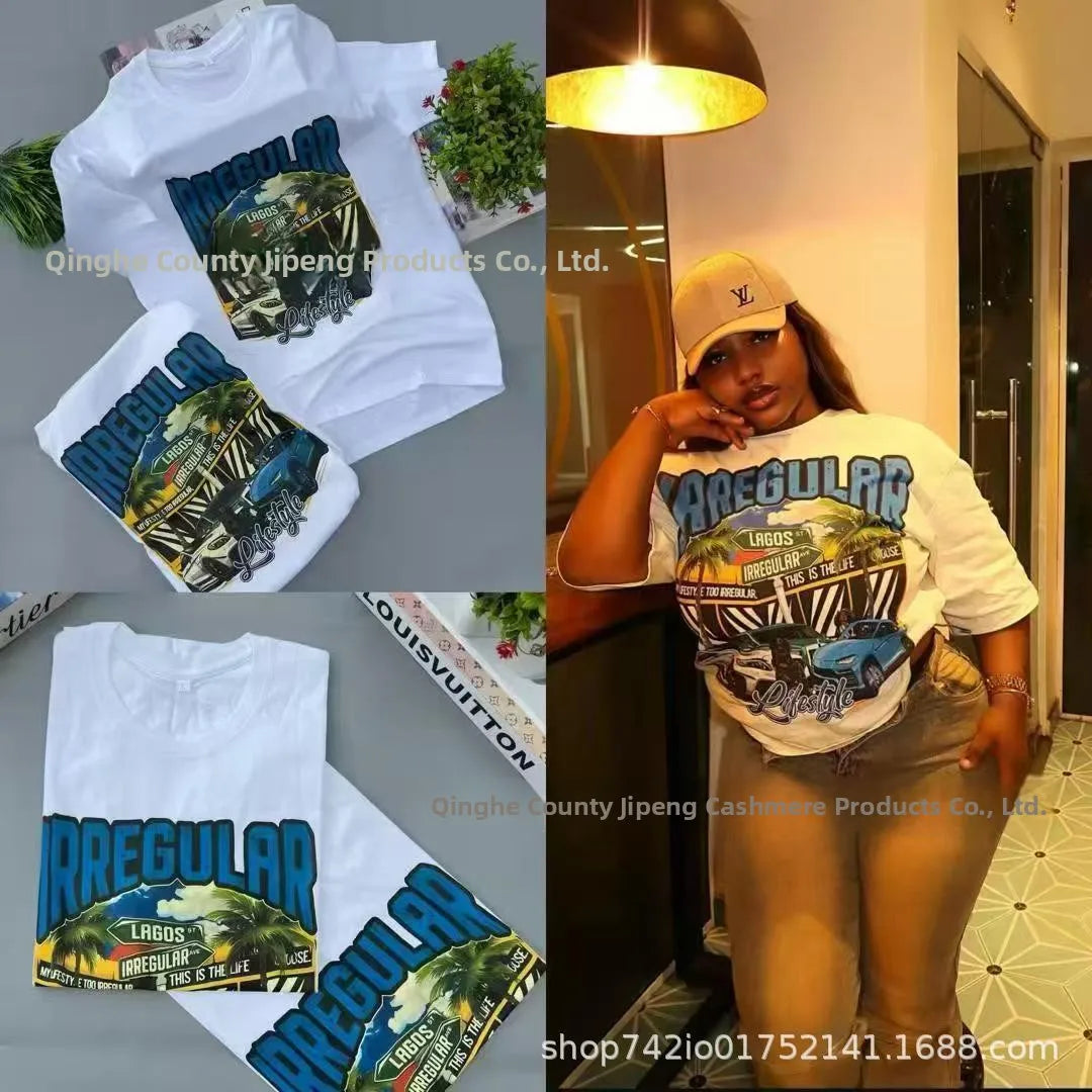 Loose Fit Embroidered Cotton T-Shirt Women's Shoulder Width round Neck Print Short Sleeve Cross-Border Half Sleeve Street Style