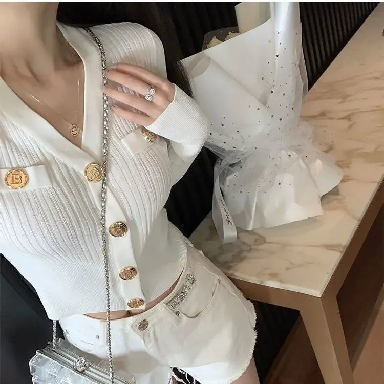 Fashionable Early Autumn Open Cardigan Slim Fit Waist Highlight Pure Color Knitted Sweater Short Style for Elegant Women