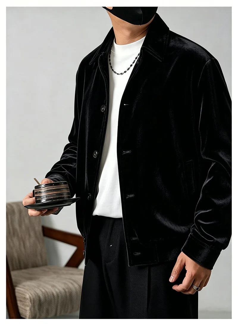 Natural Silk Velvet Men's Jacket - Long-sleeved Collar Formal Coat - Loose, Comfortable, Soft, Smooth, Casual Shirt