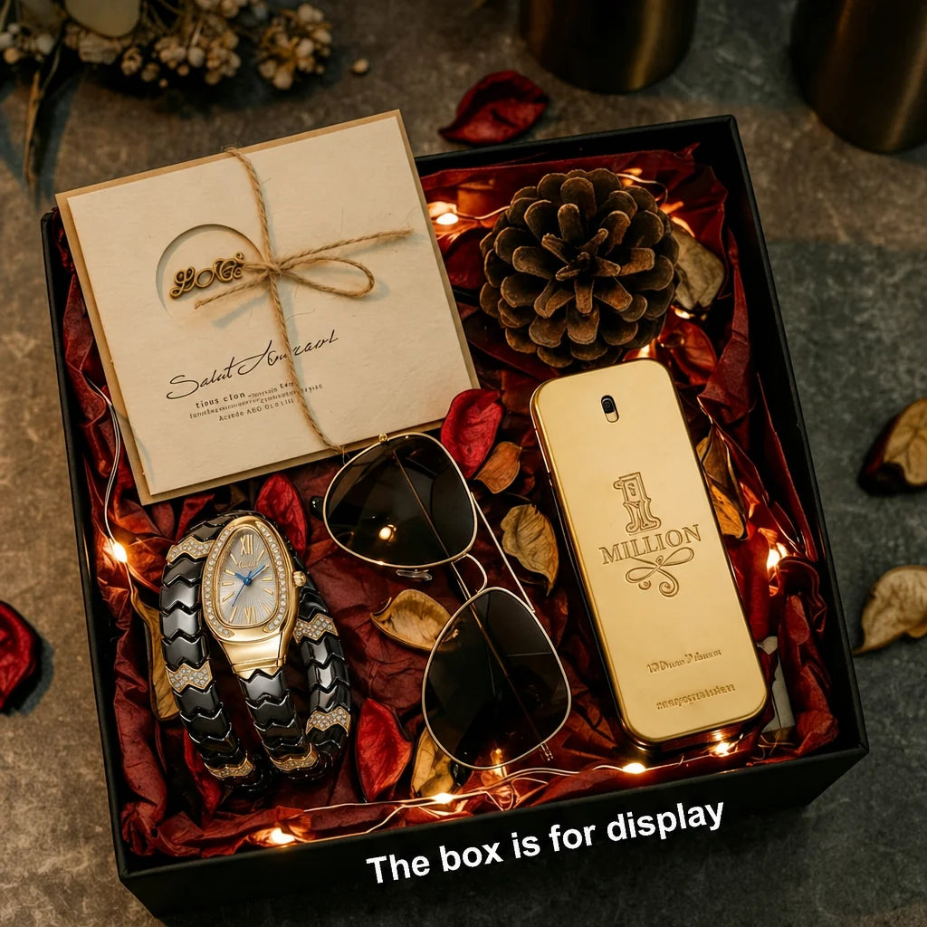 4pc Women's Black & Gold Ceramic Elegant Diamond Accents Sunglasses Perfume Quartz Watch Gift Set Birthday Anniversary