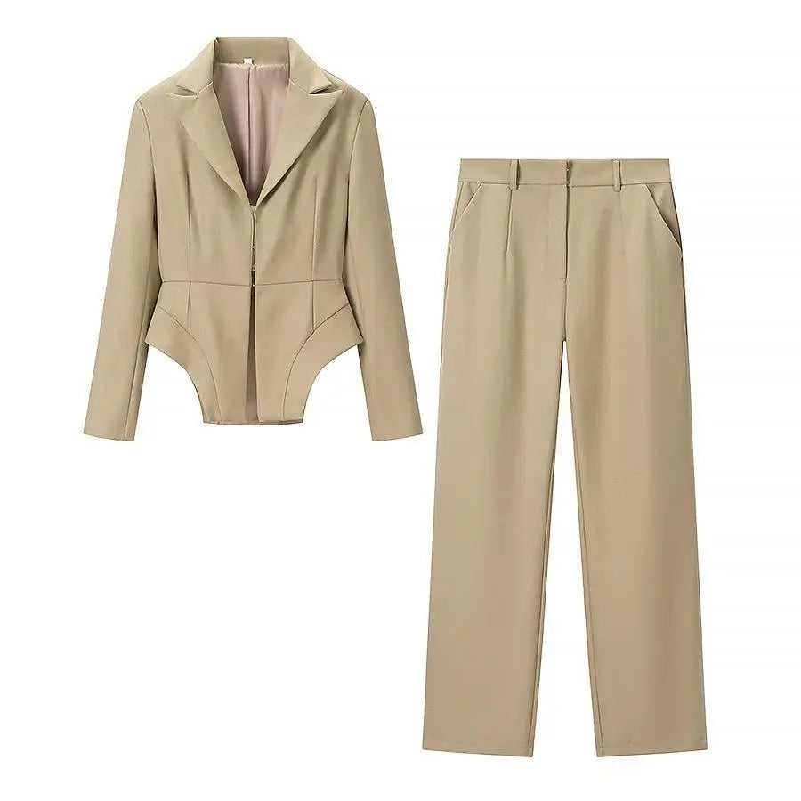 Women's Chiffon Two-Piece Set Straight Leg Pants Summer Suit Jacket Commute High Waist Cross-Border Street Style Casual Outfit