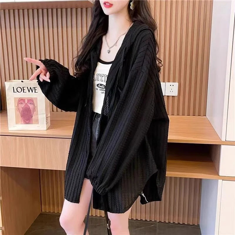 plus Size 300 Pounds Fat Hooded Thin Jacket Spring Autumn New Korean Loose Versatile Casual Outerwear Open Cardigan Top