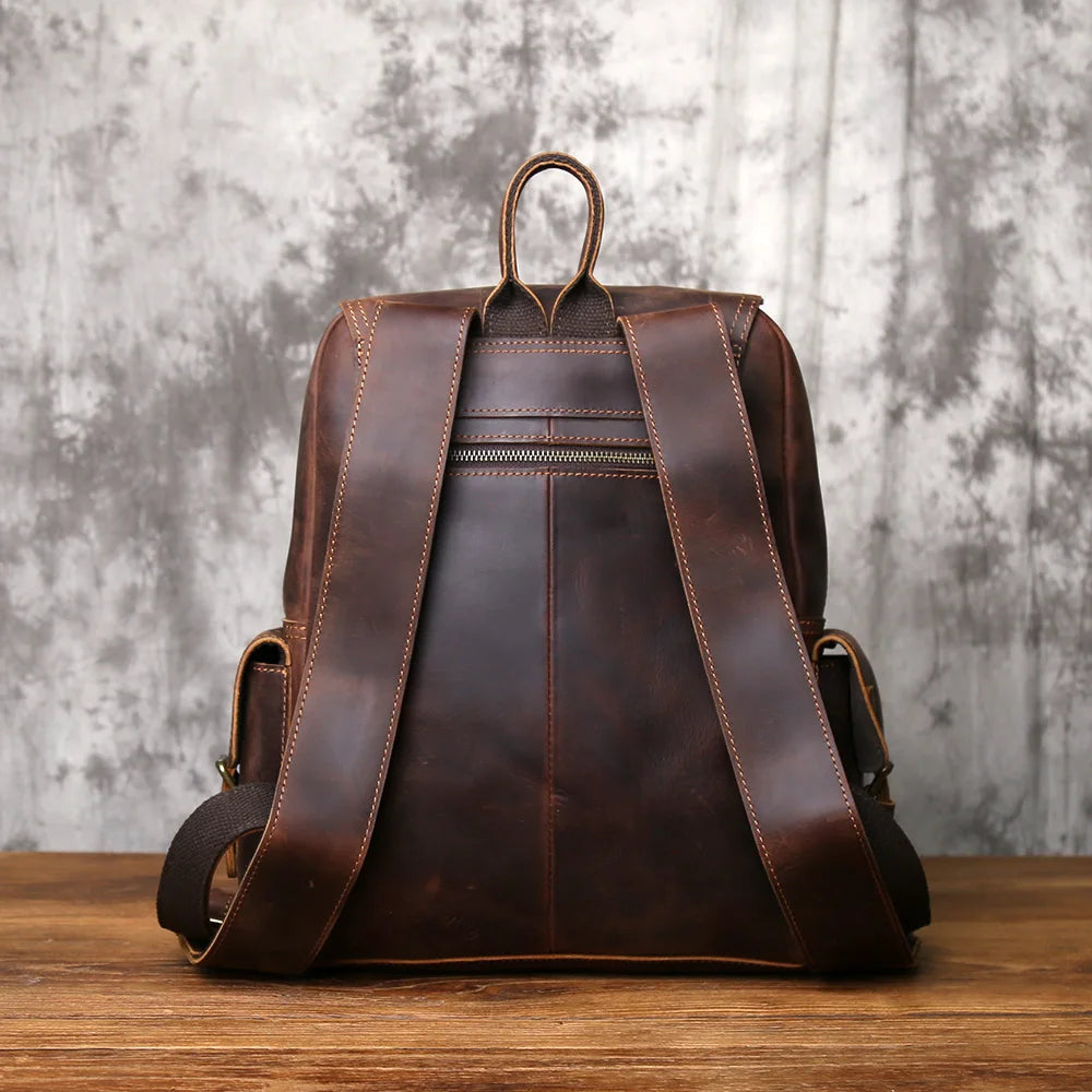 NZPJ Vintage Genuine Leather Men Backpack Large Capacity Top-Grain Cowhide Backpack Casual Trendy Crazy Horse Leather Laptop Bag