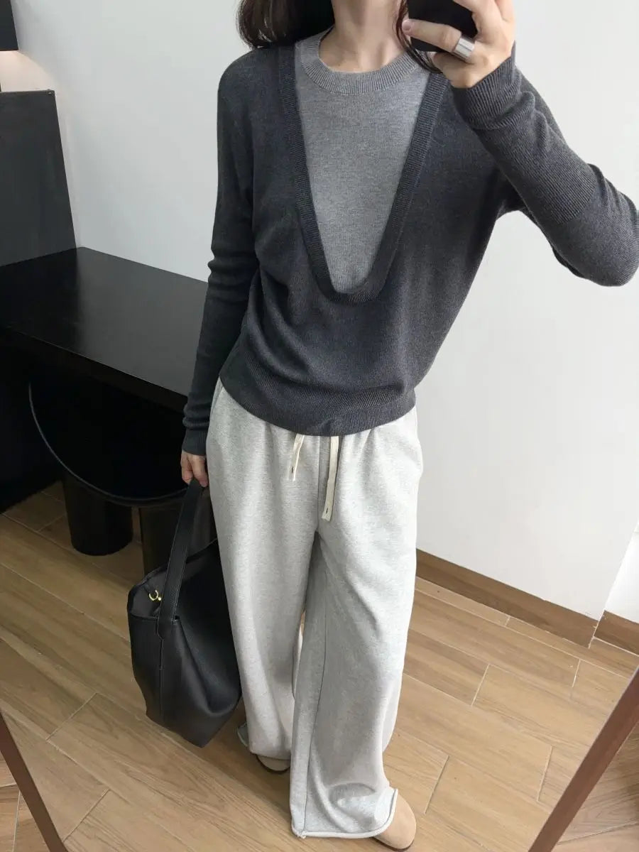 Andy Velvet Washed Large U-Neck Layered Slim Fit Knitwear Design Sensation Color Block Autumn Winter Top Polo Collar Sleeveless