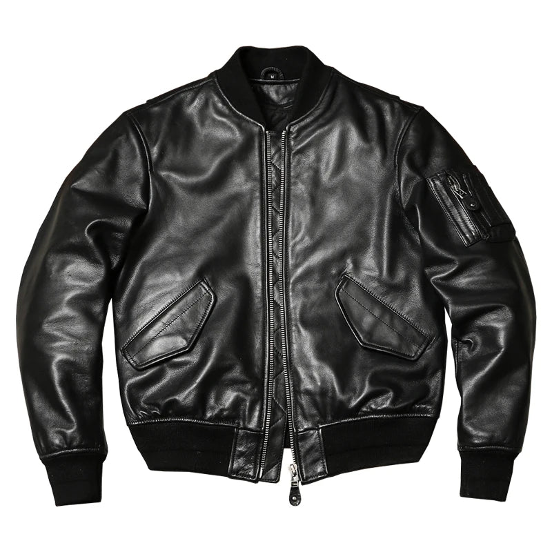 Black Winter Leather Jacket Men Military Style Plus Size 5XL Genuine Natural Sheepskin Thick Warm MA1 Flight Leather Coat