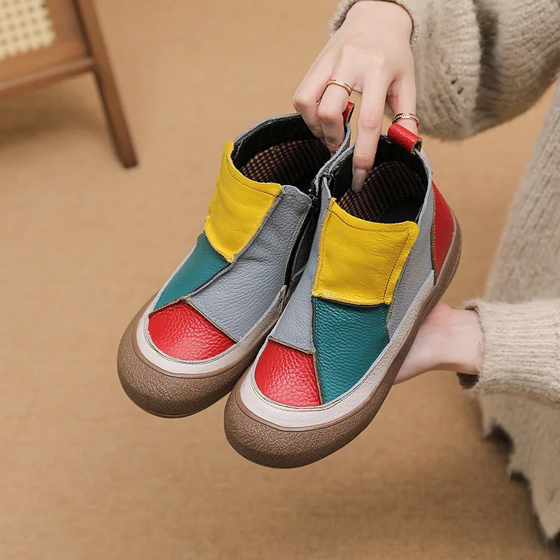 Comfortable Casual Women's Short Boots Spring Autumn Winter Seasonal Wear Breathable Warm Leather Slip-On Shoes Color Block D...