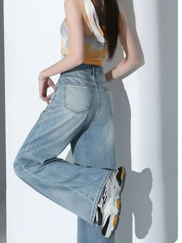 American Style High Waist Loose Women's Blue Jeans Retro Straight Leg Pants Drapey Floor-Length Trousers Versatile Wide Leg Pant