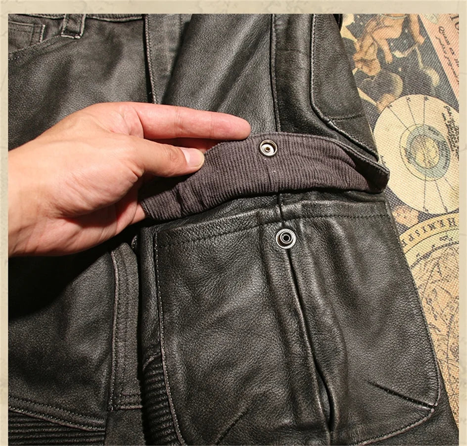 Retro Black Winter Leather Trousers Men Vintage Style Genuine Natural Cowhide Can Add Motorcycle Protection Device Leather Pants