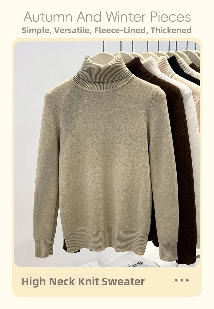 Thickened High Collar One-Piece Fleece Knitted Sweater Women Winter Slim Fit Inner Wear Fashionable Basic Style Base Shirt