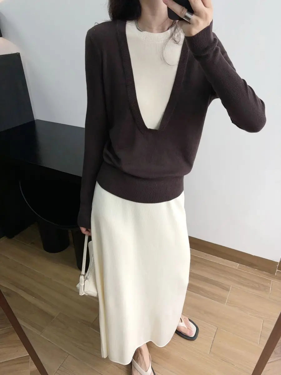 Andy Velvet Washed Large U-Neck Layered Slim Fit Knitwear Design Sensation Color Block Autumn Winter Top Polo Collar Sleeveless