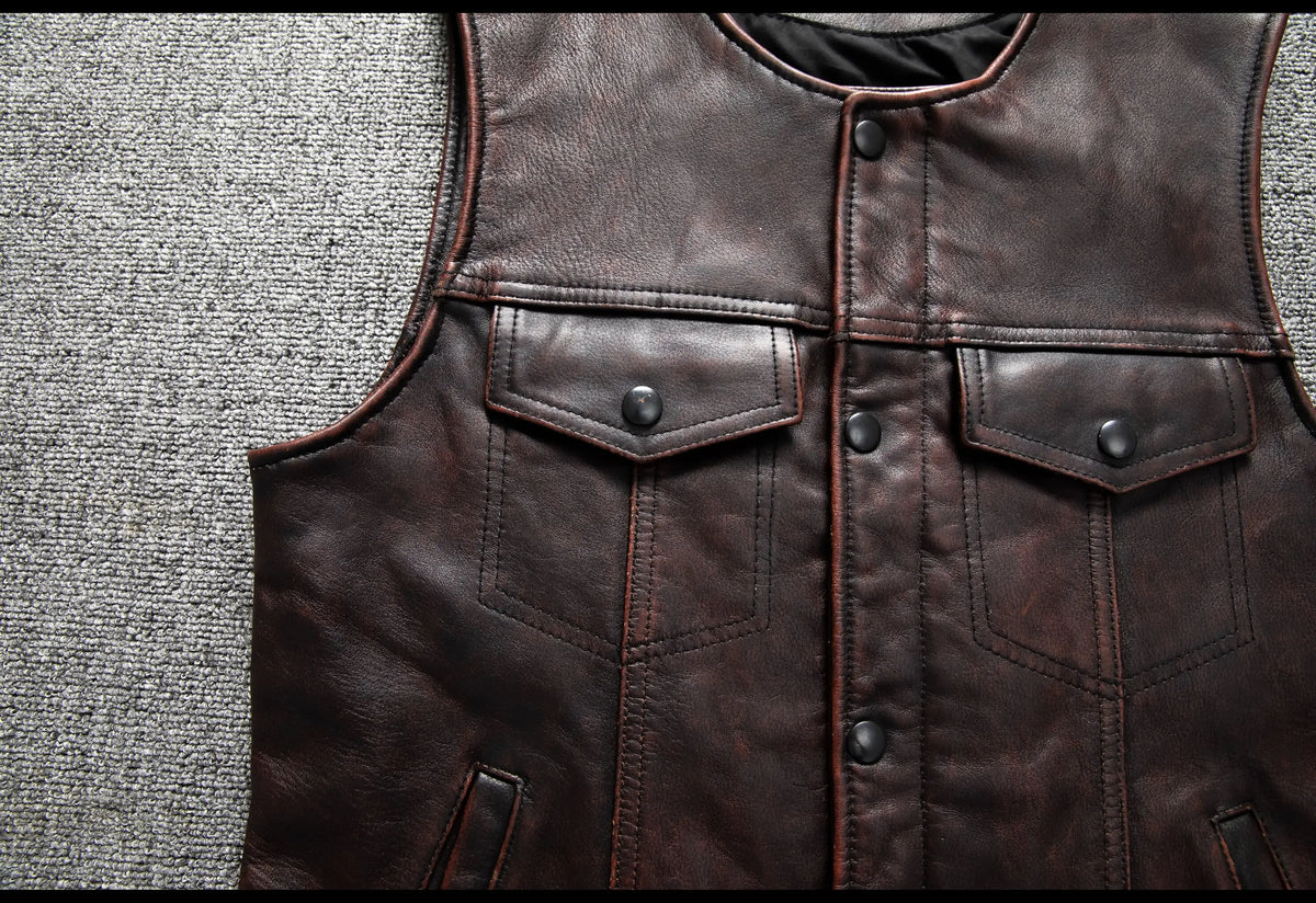 Red Brown Spring Leather Vest Men Retro Style Plus Size 6XL Genuine Natural Cowhide O-Neck Collar Slim Fit Short Sleeveless Coat