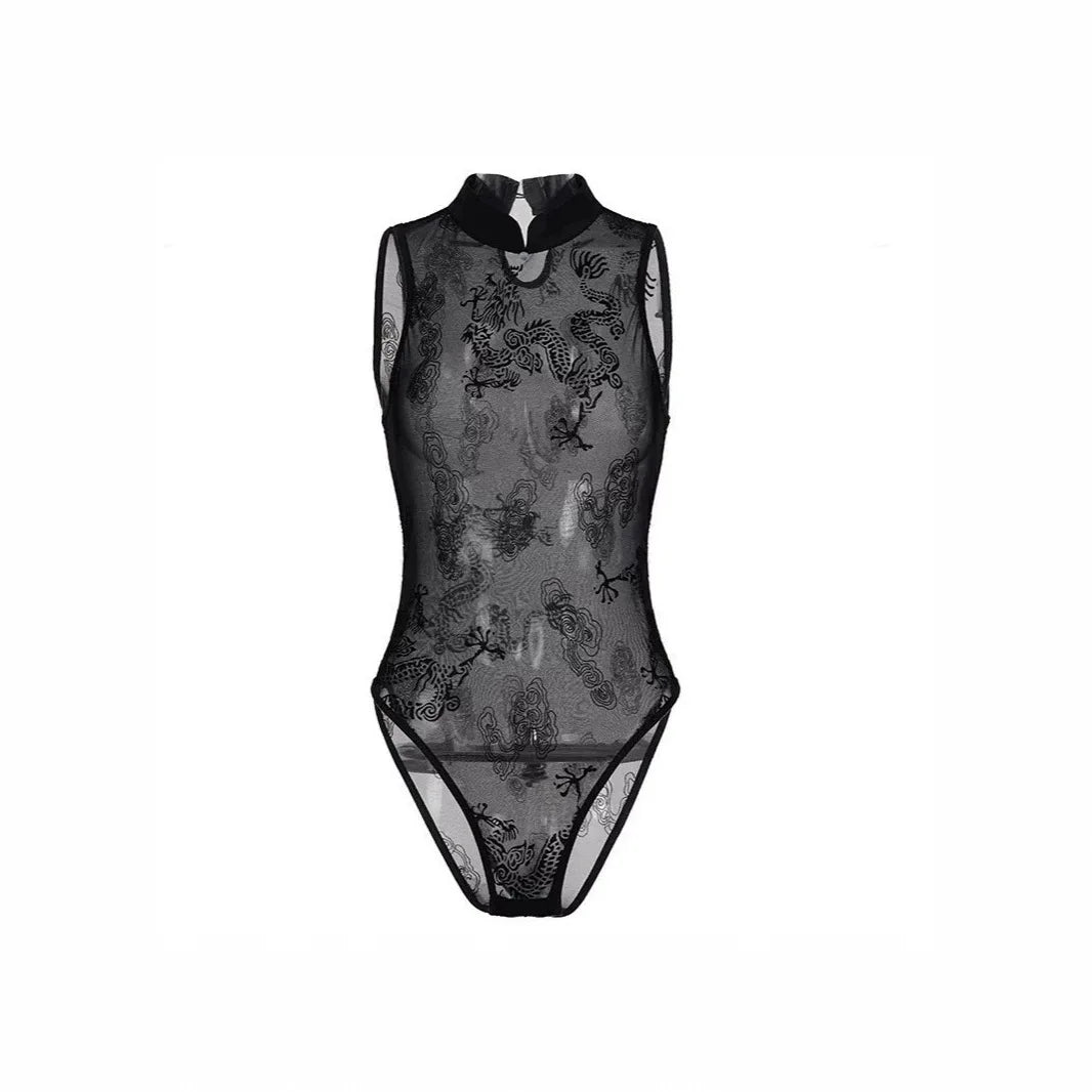 Sexy Dragon Pattern Velvet Light Weight Summer Top Women's One-Piece Flag Dress Style Sleeveless Slim Fit Street Style Trendy