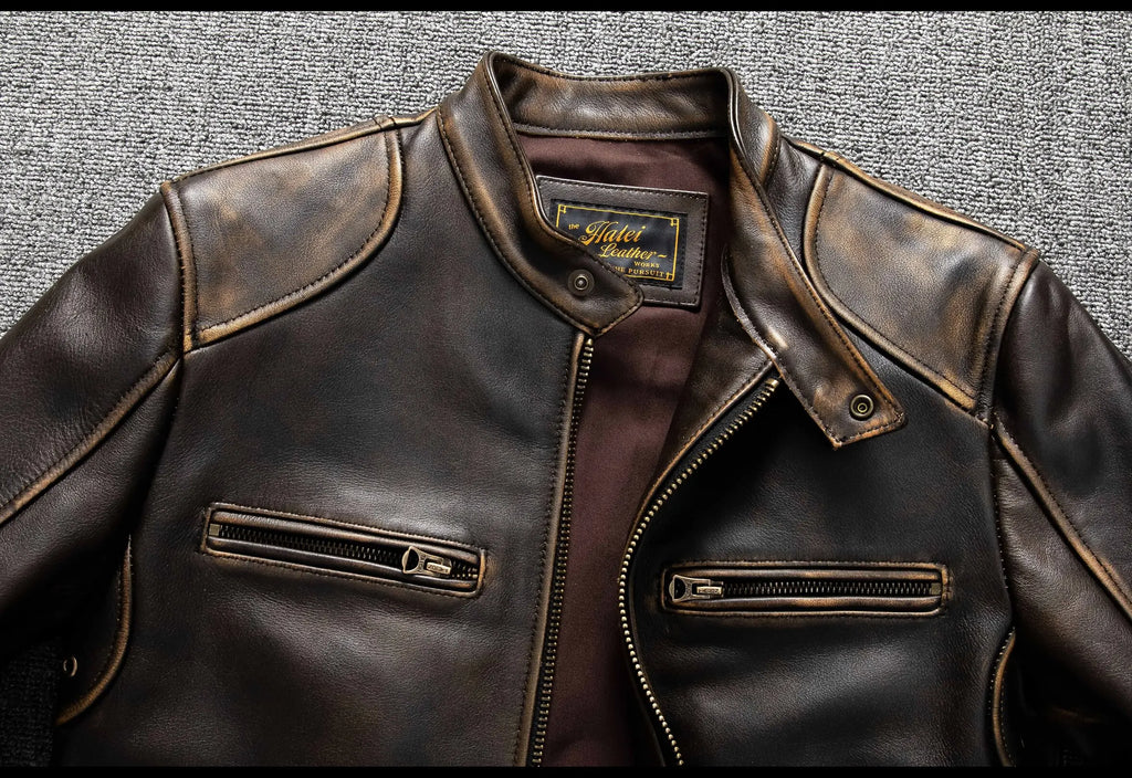 Dark Brown Autumn Leather Jacket Men Retro Style Plus Size 6XL Genuine Natural Cowhide Stand Collar J100 Motorcycle Sports Coat