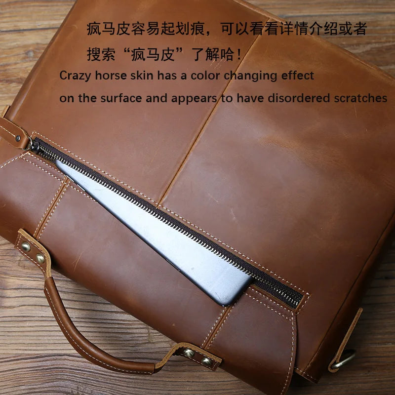 NZPJ Vintage Leather Men's Briefcase Crazy Horse Leather Handbag Casual Natural Cowhide Computer Bag Shoulder Messenger Bag