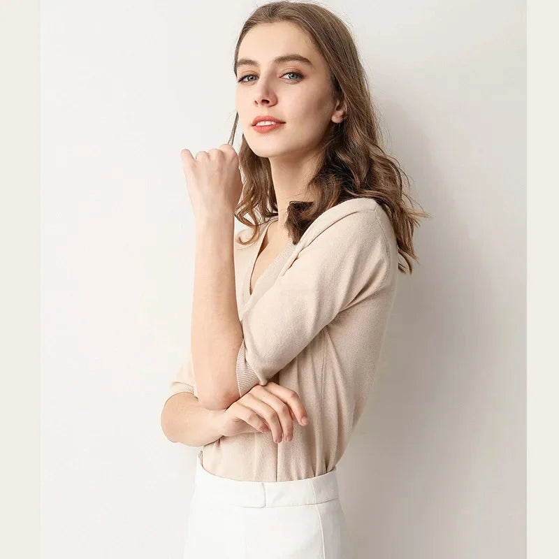 Spring Autumn New Style V-Neck Thin Knitted Loose Short Sleeve Women's T-Shirt Thin Summer Top Comfortable Base Layer Shirt