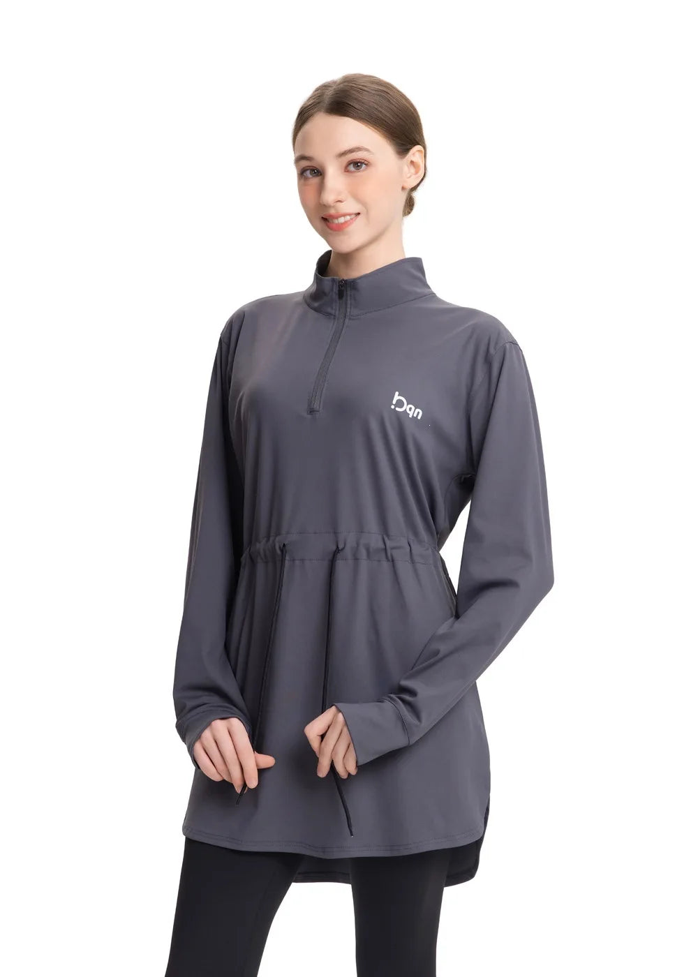Conservative Long Sleeve Yoga Clothes Drawstring Waist Fitness Suit Multicolored plus Size Modest Tunic for Women Running Gym