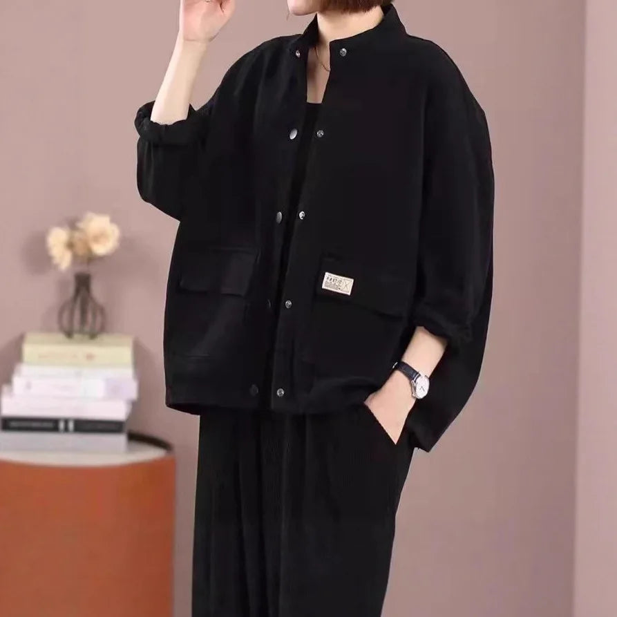 Loose Casual Women's Workwear Jacket Stand Collar Short Cardigan Outerwear Comfortable Polyester Cotton Blend Street Style