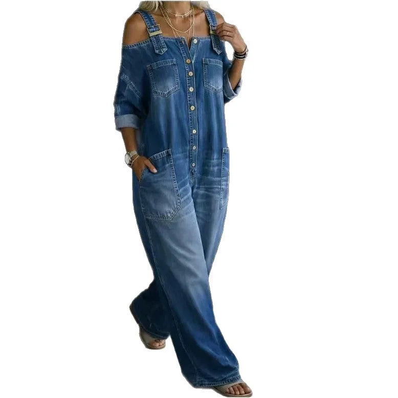 Sexy Fashion Shoulder Bared Denim Overalls with Pockets Wide Leg Street Style Loose Waist Cotton Blend Polyester Blend