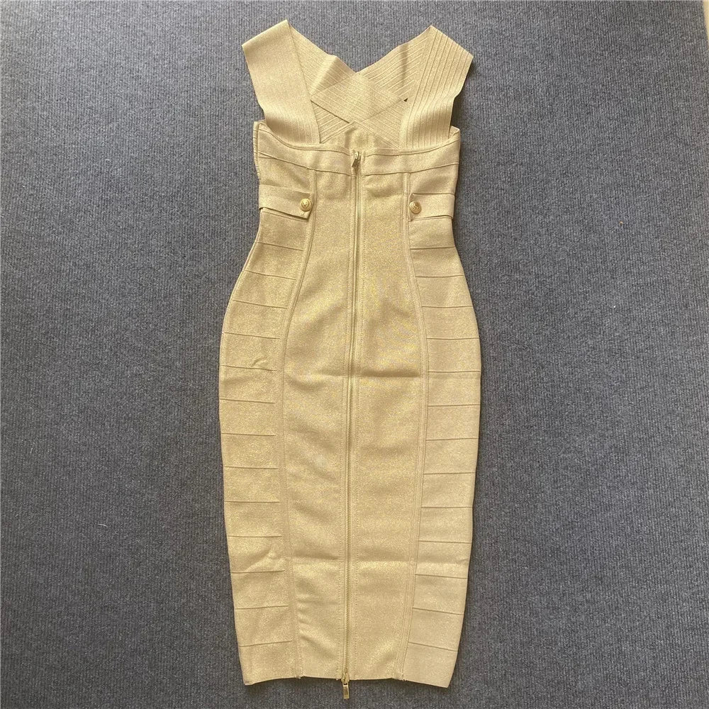 Sexy Off-Shoulder Gold Silk Silver Edge Dress 23European Women's Clothing Sleeveless Prom Night Gown Middle Skirt