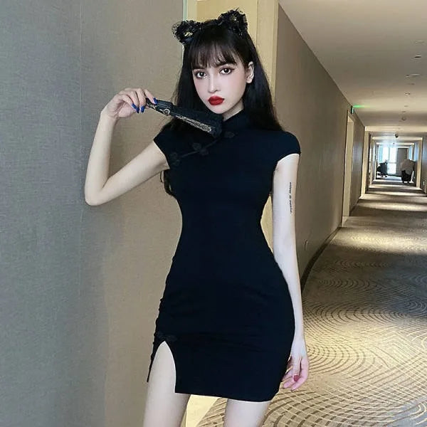 Young Women's Improved Cheongsam Dress Black Slimming New Chinese Style Short Sleeve Midi Dress with Shawl for Summer