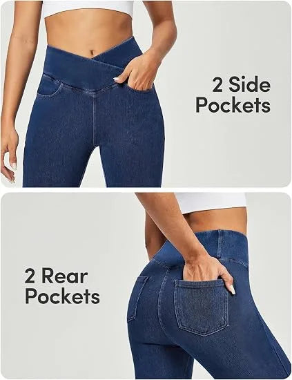 High Elasticity Yoga Jeans Women's Casual Straight Leg Pocket Design Slimming Tight Fit Princess Series Polyester Fiber