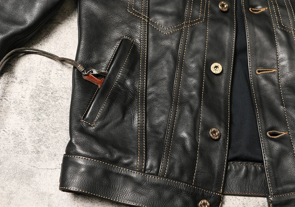 Black Autumn Leather Jacket Men Retro Style Plus Size 4XL Genuine Natural Thick Cowhide Single Breasted Casual Denim Coat