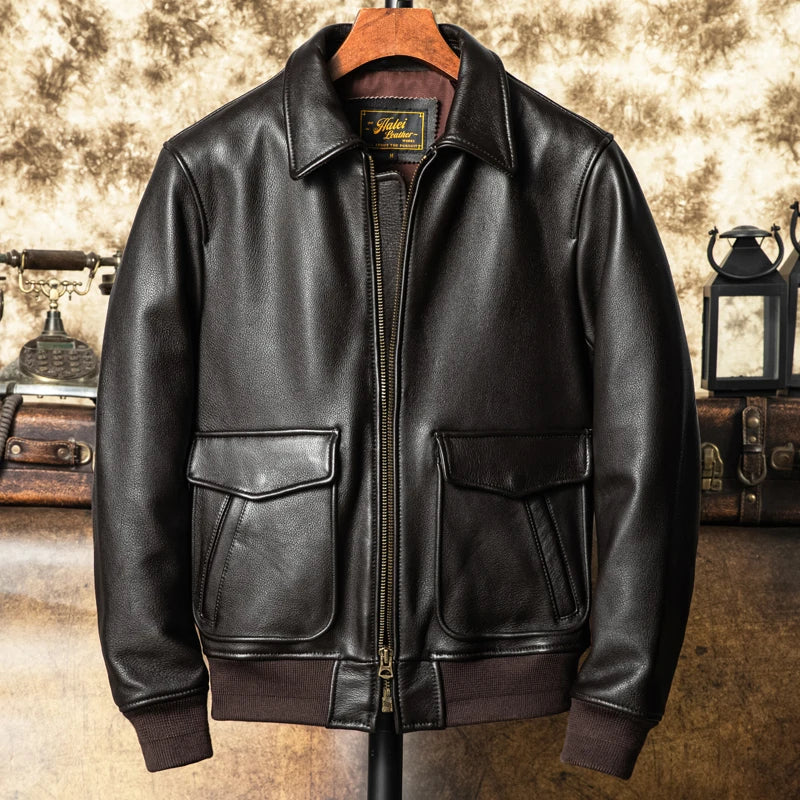 Dark Brown Autumn Leather Jacket Men Retro Style Plus Size 5XL Genuine Natural Cowhide Turn-Down Collar Military A2 Flight Coat