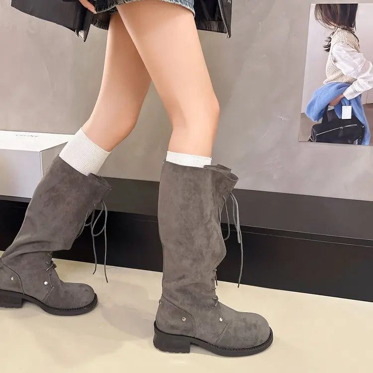 Retro Thick Heel High Tube Boots Women's 2026 New Autumn Korean Version Knot Knight Boots Two-Way Wear Knee-High Boots