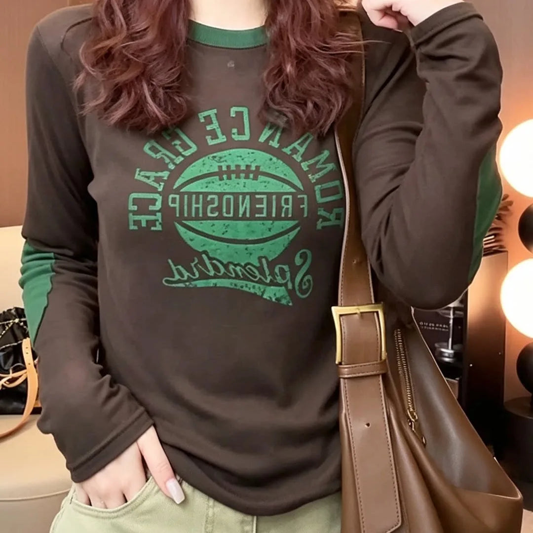Long Sleeve Letter Print T-Shirt Women's Early Autumn New Splicing Sleeve Slimming Youthful Top Casual Style Polyester Fabric
