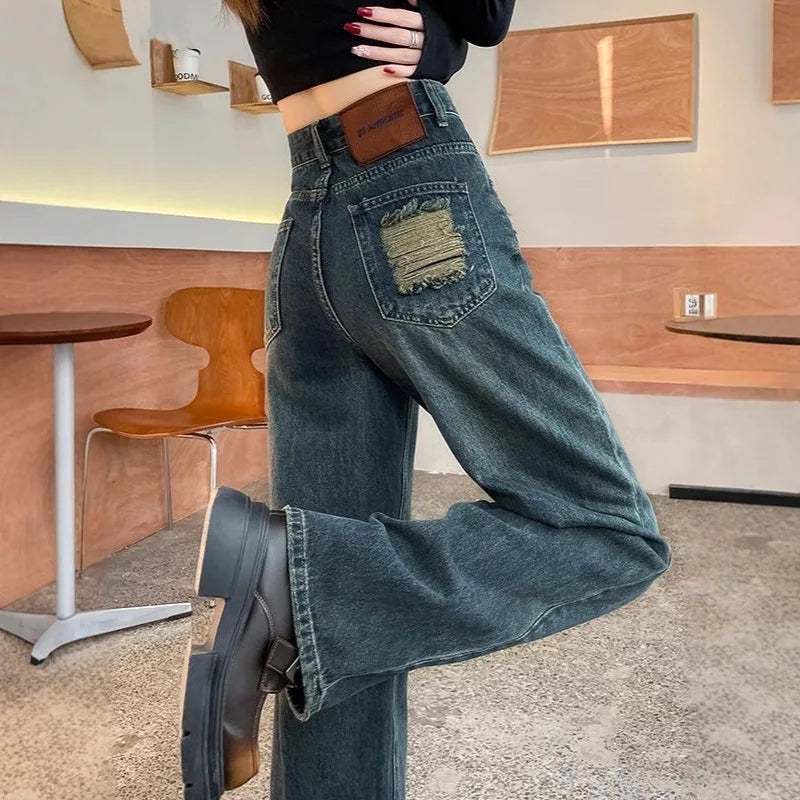 High Waist Wide Leg Jeans Light Blue Denim High Waist Tear Design American Style Spring Summer New Trend Streetwear
