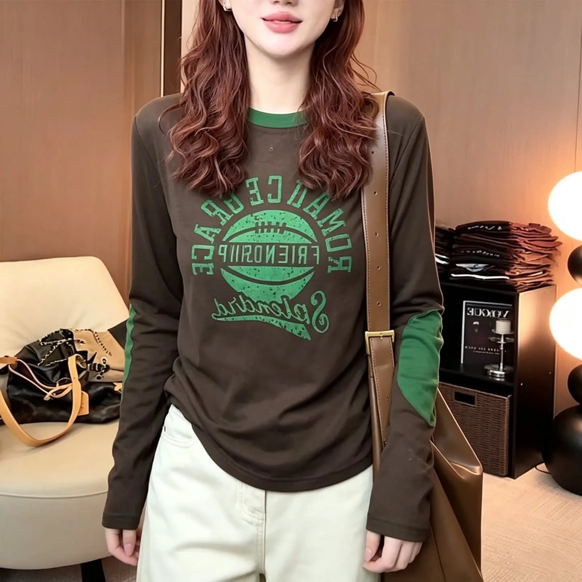 Long Sleeve Letter Print T-Shirt Women's Early Autumn New Splicing Sleeve Slimming Youthful Top Casual Style Polyester Fabric