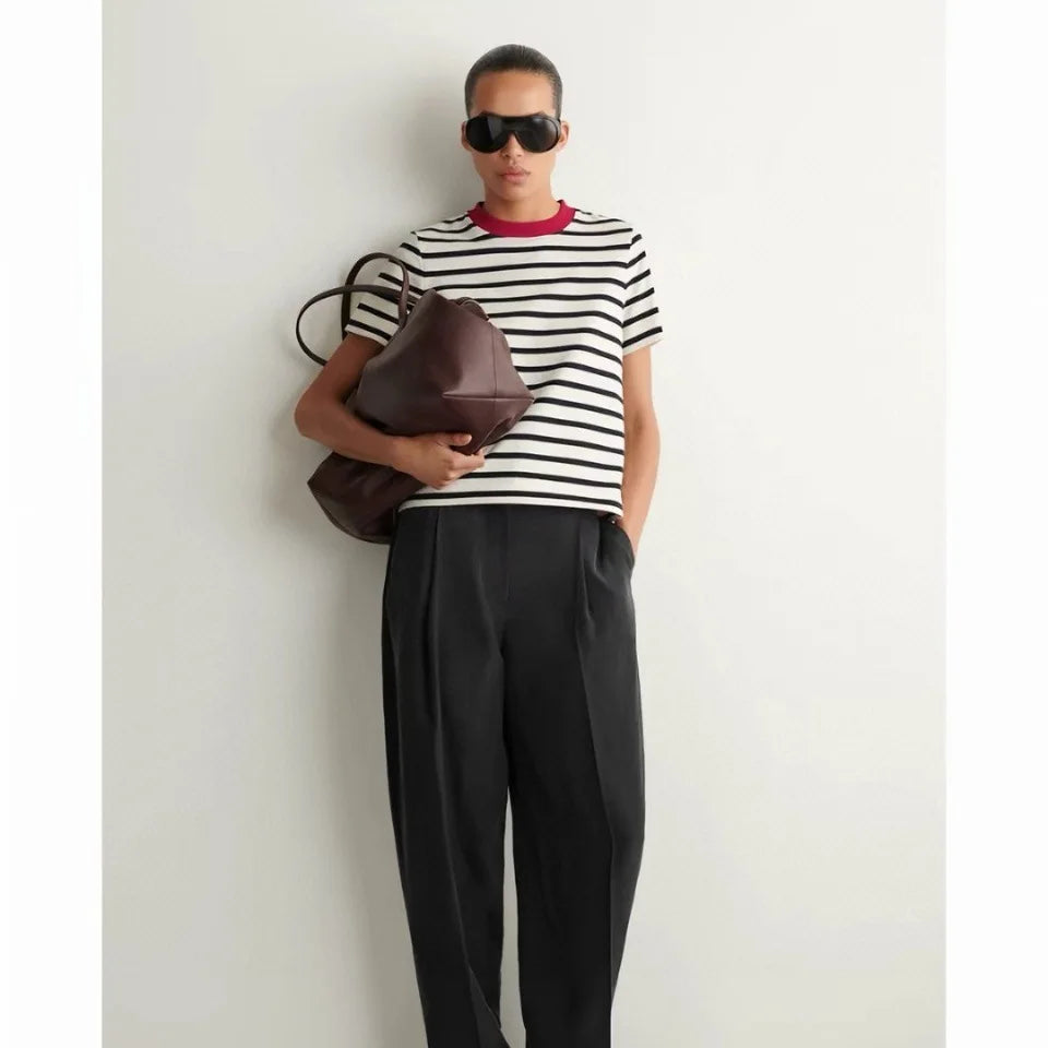 Classic round Neck T-Shirt Standard Fit Red Stripes New Summer 2026 Cotton Comfortable Loose Style Commute Fashion