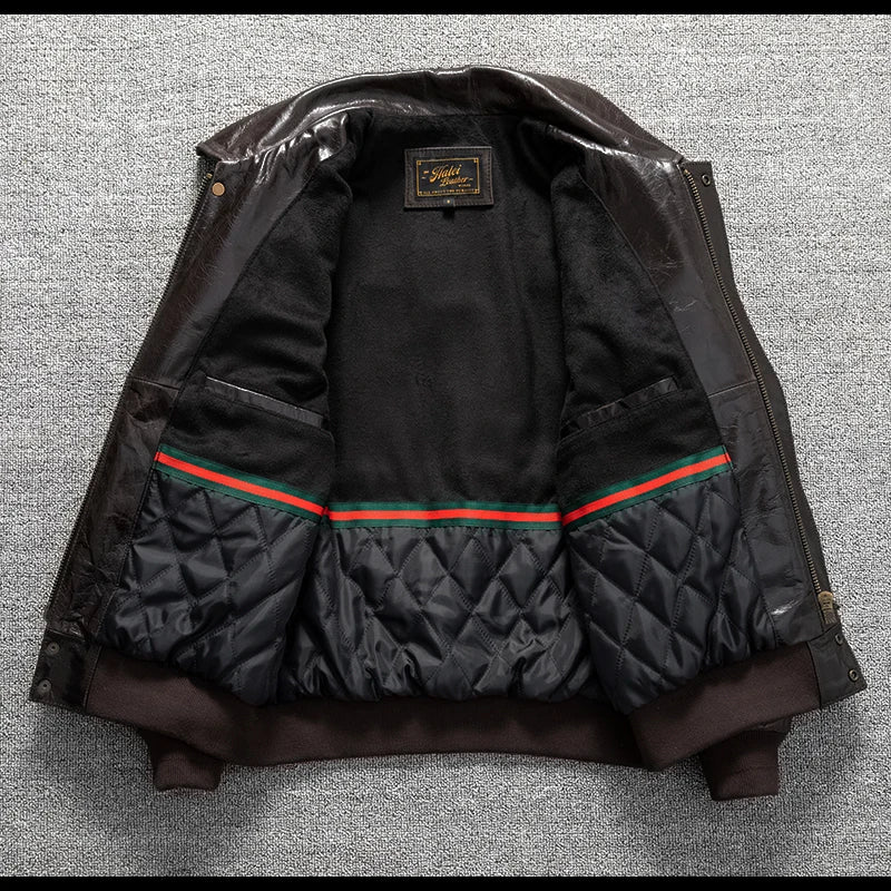 Men's Genuine Leather Military Flight Jacket | Real Leather Embroidered Patches G-1 Bomber Pilot High-Gloss Oil-Wax Brown