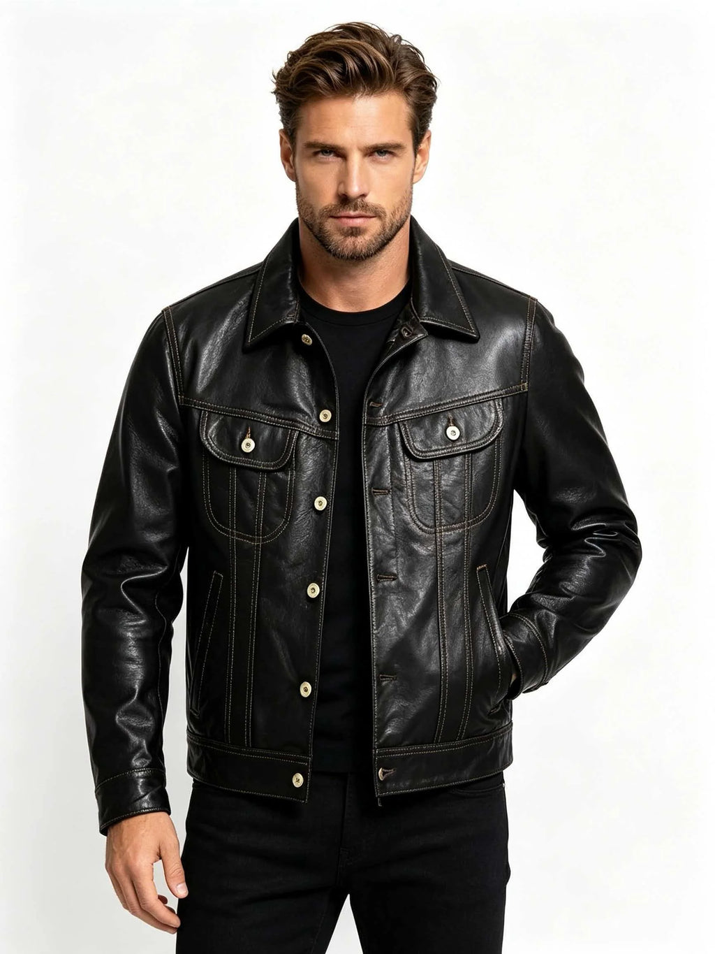 Men's Genuine Sheepskin Leather Trucker Jacket Black Type III Denim Cut Cream Contrast Stitch Brass Snap Short Casual Coat