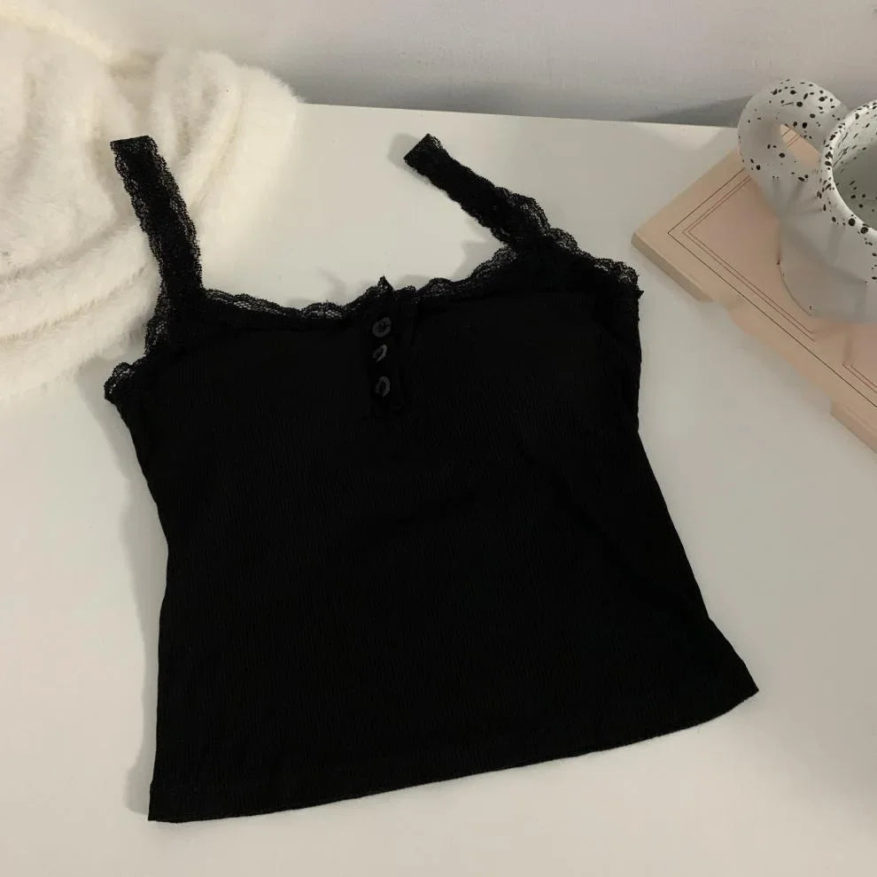 plus Size Lace Insert Camisole Tank Top with Chest Pad Inner Wear Outerwear Design Sense Bottoming Vest Big Size Women