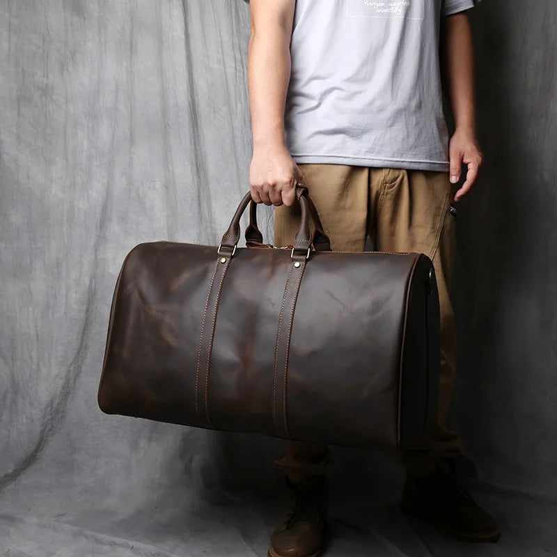 NZPJ Vintage Genuine Leather Men's Travel Bag Large Capacity Crazy Horse Leather Handbag Natural Cowhide Shoulder Crossbody Bag