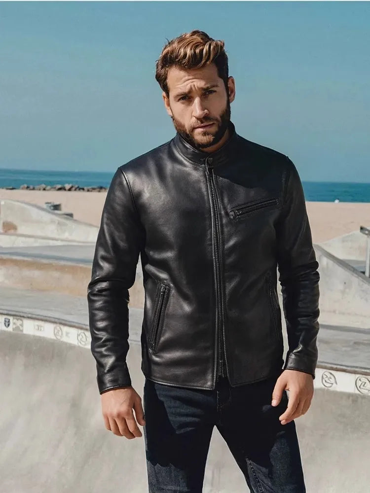 Black Winter Leather Jacket Men Sports Style Plus Size 4XL Genuine Natural Thick Cowhide Stand Collar Slim Fit Leather Coat