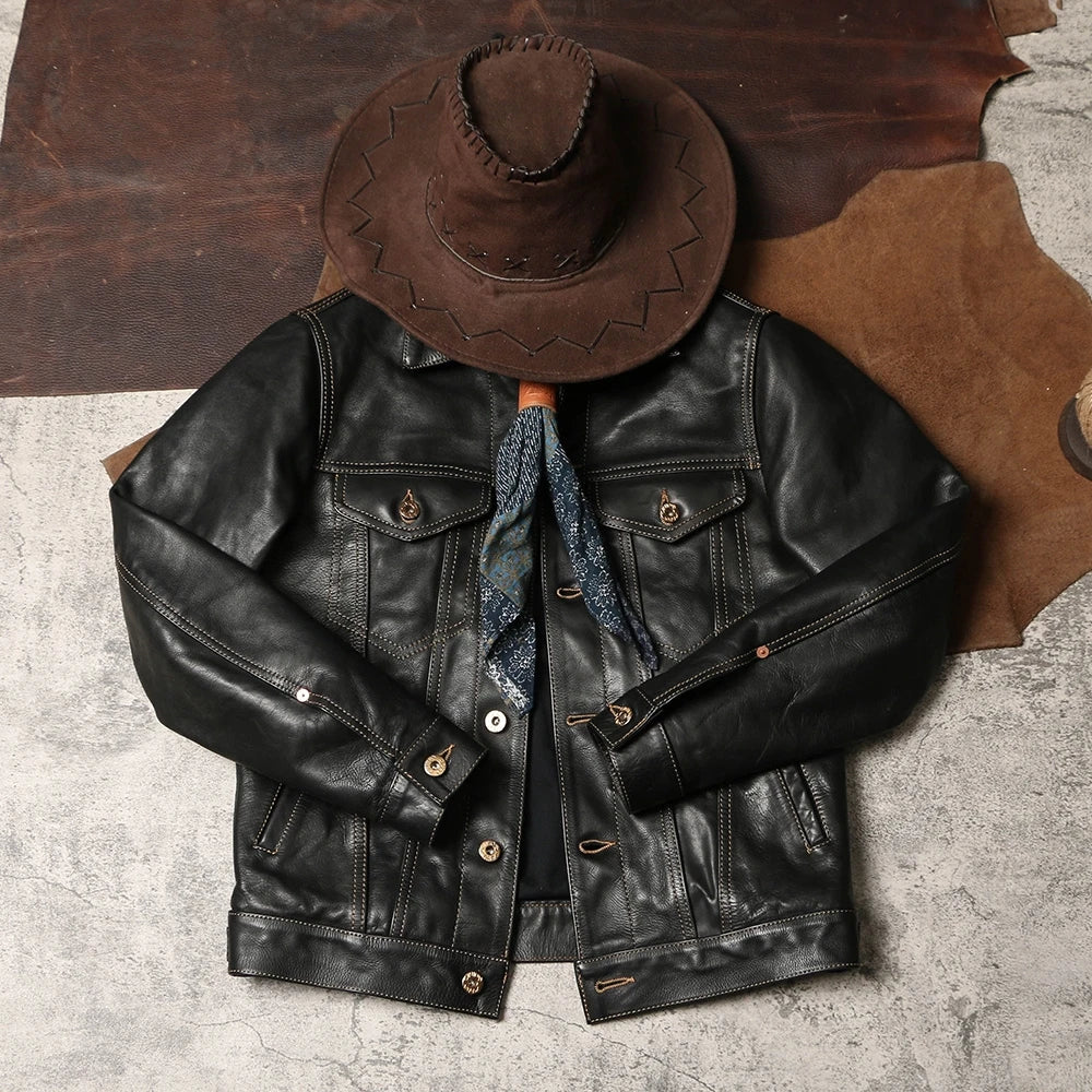 Black Autumn Leather Jacket Men Retro Style Plus Size 4XL Genuine Natural Thick Cowhide Single Breasted Casual Denim Coat