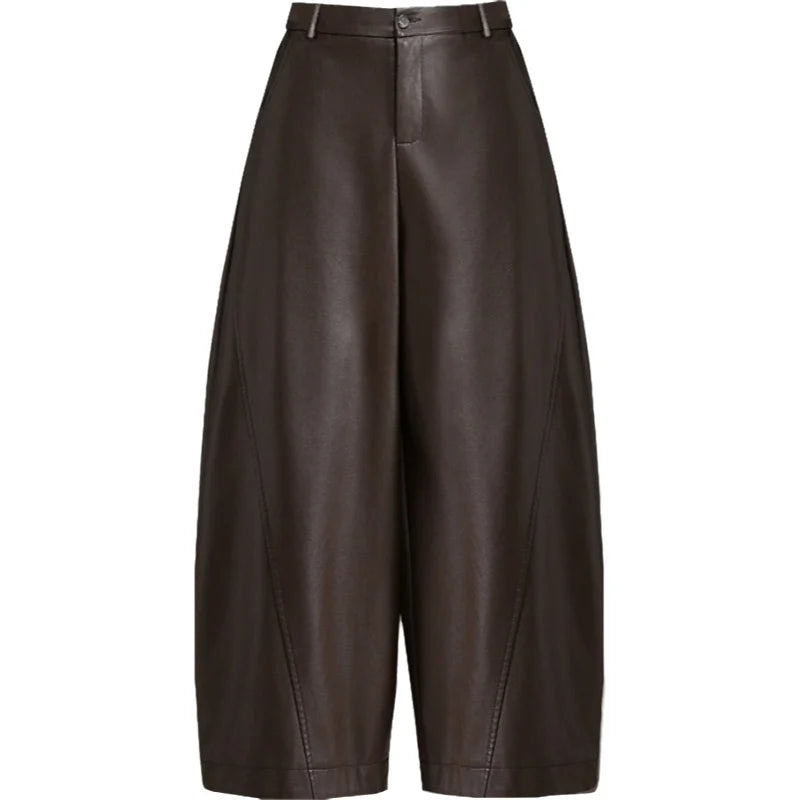 Fashionable High Waist Sheepskin Leather Pants Women's 2026 New Style Nine Points Knife Edge Pants Versatile Ladies Design