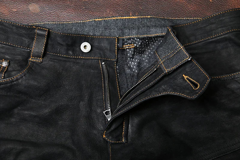 Black Spring Leather Trousers Men Retro Style Plus Size 4XL Genuine Natural Sheepskin Add Protection Device Motorcycle Pants