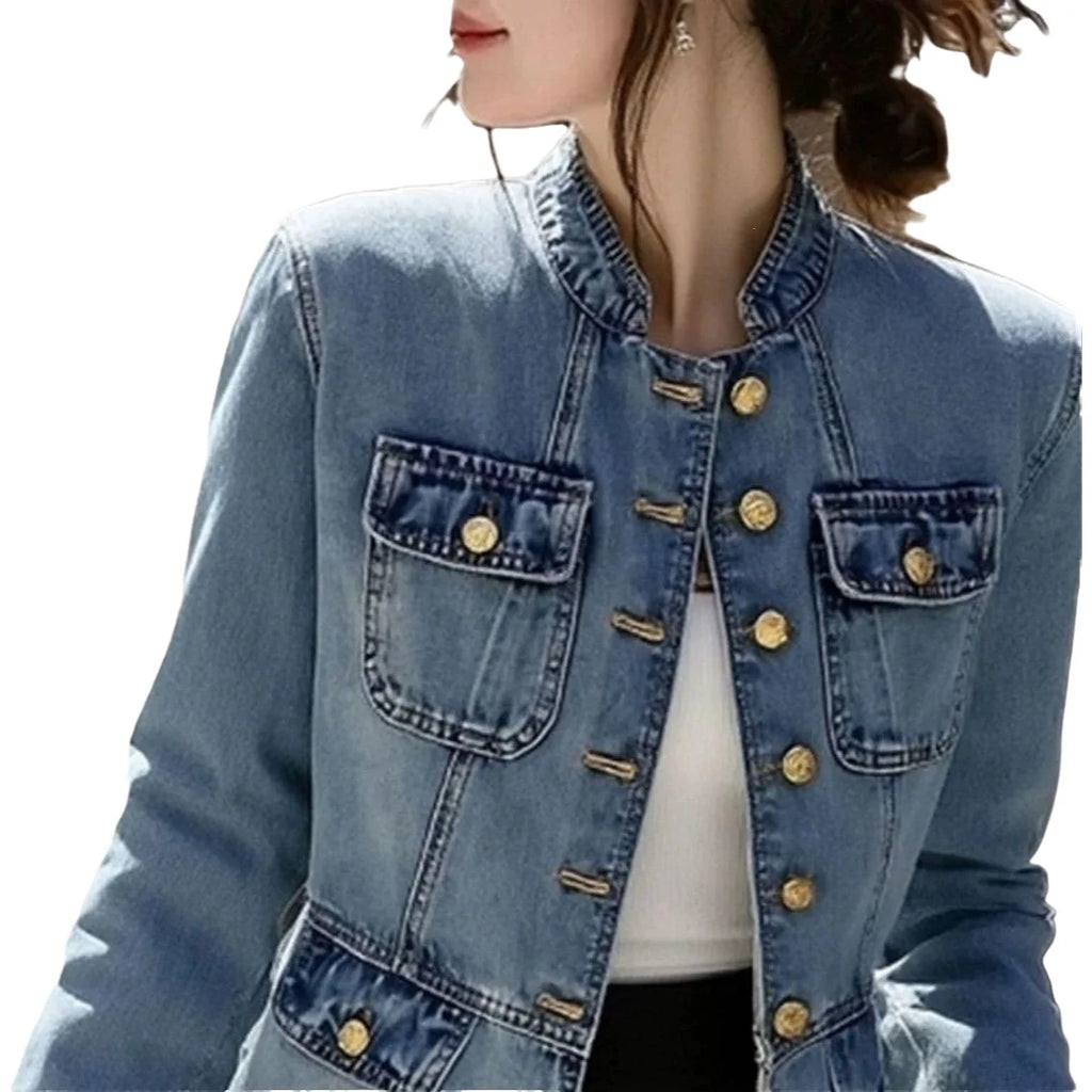 Stylish Unique Blue Denim Jacket Cool And Trendy Korean Style Autumn Winter Casual Long Sleeve Polo Collar Jeans Coat
