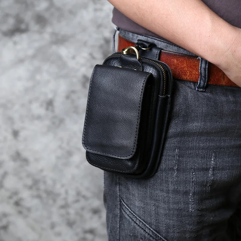 NZPJ Genuine Leather Men's Waist Bag Top Layer Cowhide Fashion Hook Bag Leisure Belt Bag Cigarette Box 6.5-inch Mobile Phone Bag