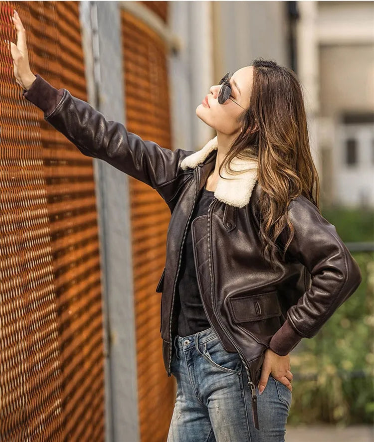 Dark Brown Autumn Leather Jacket Women Retro Style Plus Size 3XL Genuine Natural Cowhide Wool Collar Military G1 Flight Coat