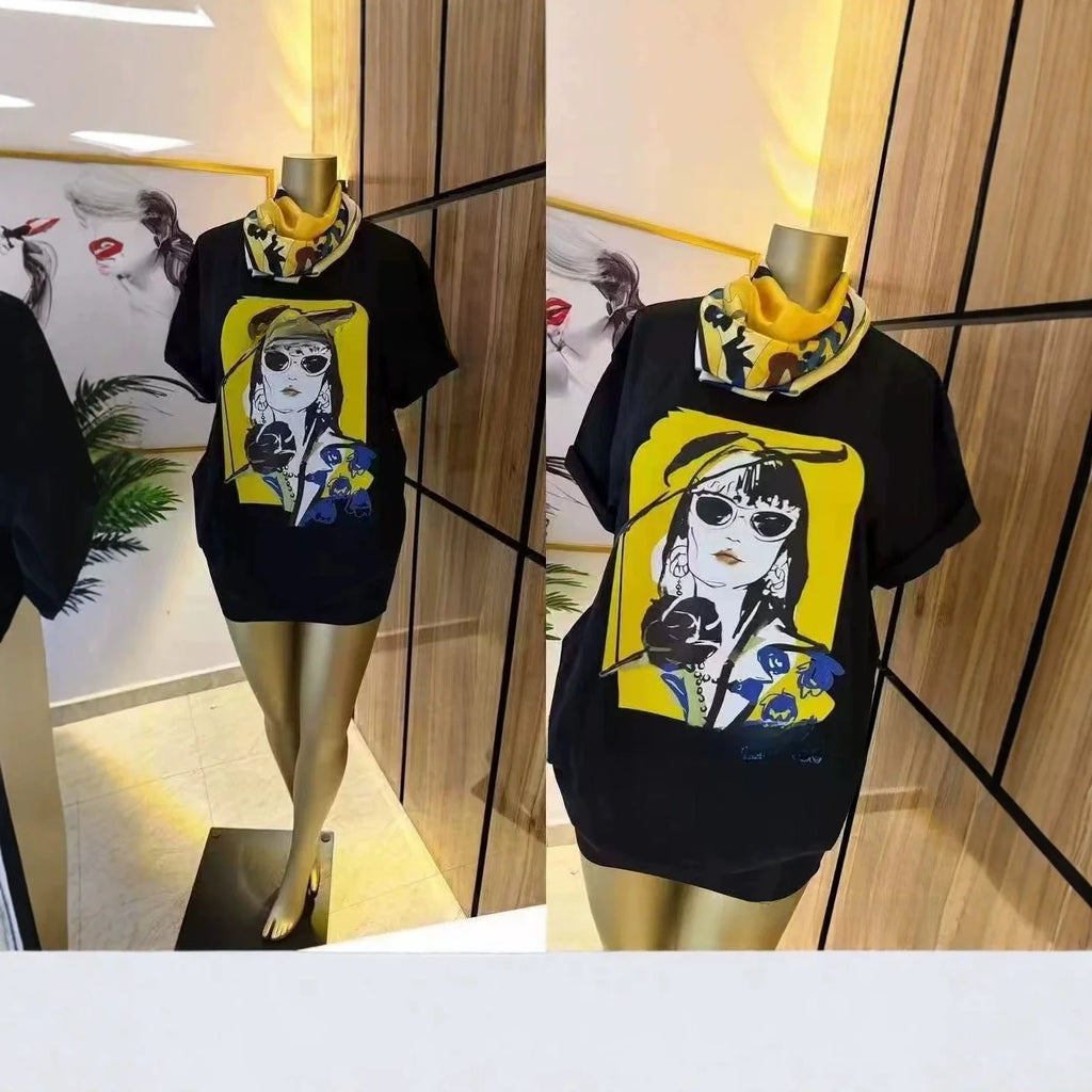 Loose Fit Embroidered Cotton T-Shirt Women's Shoulder Width round Neck Print Short Sleeve Cross-Border Half Sleeve Street Style