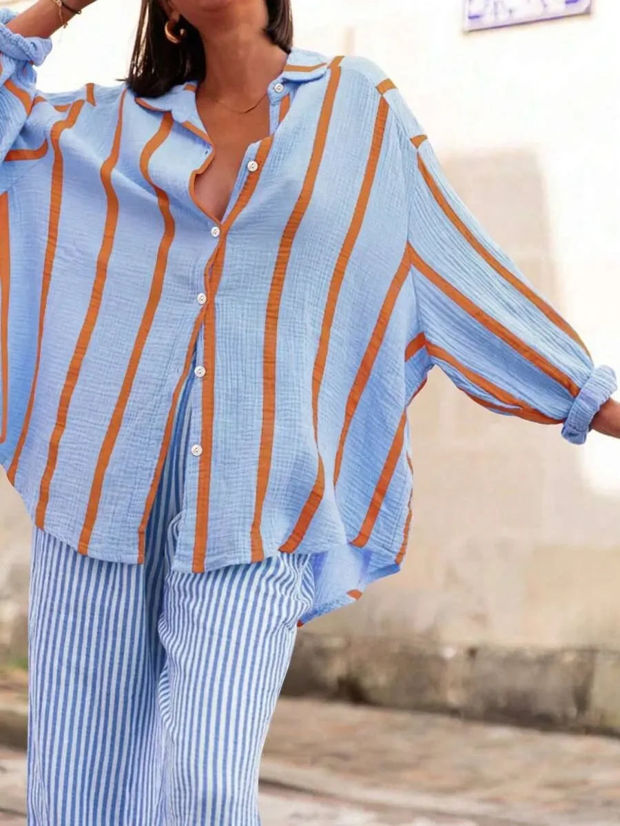Women's Long Sleeve Button Cardigan Striped Shirt Slim Fit Polo Collar Full Length Autumn Winter New Style Cross Border Independ