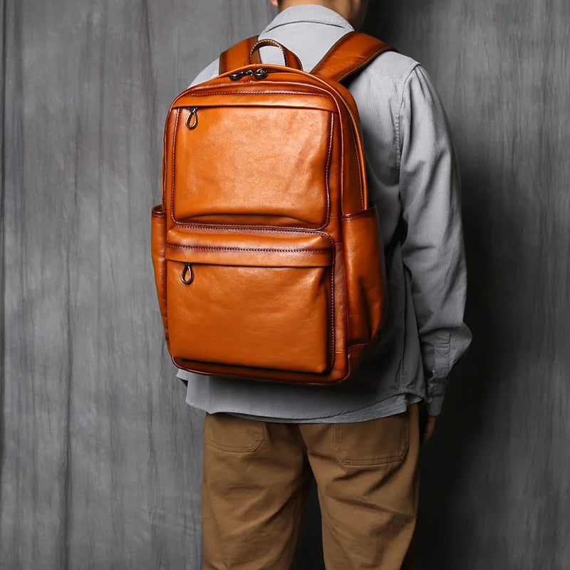 NZPJ Genuine Leather Men's Backpack Retro Top Layer Cowhide Casual Computer Bag European And American Fashion Travel Bag
