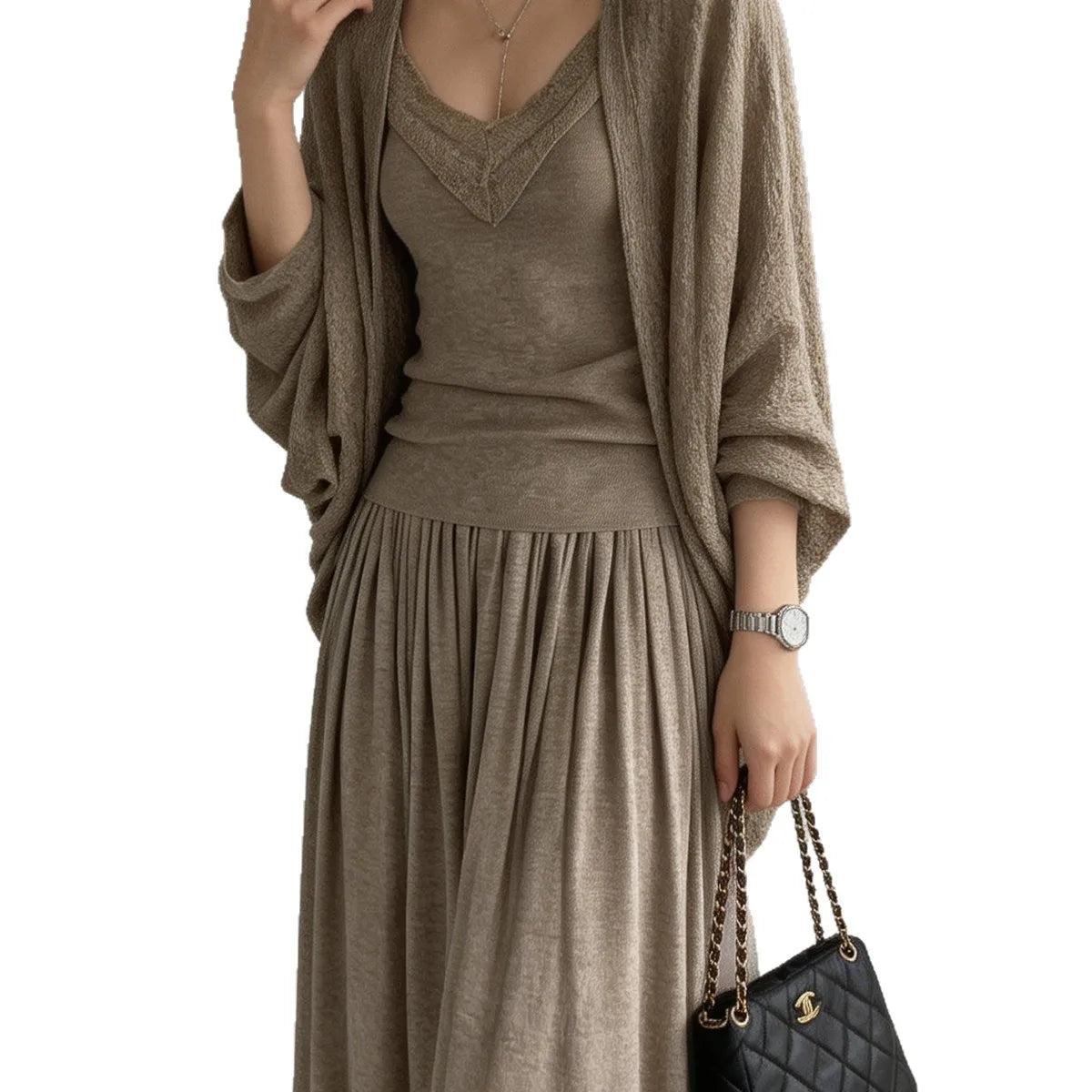 Loose Knitted Three-Piece Set V-Neck Sleeveless Top with Belt And Long Skirt Elegant Draped Feel Casual Wear for Women