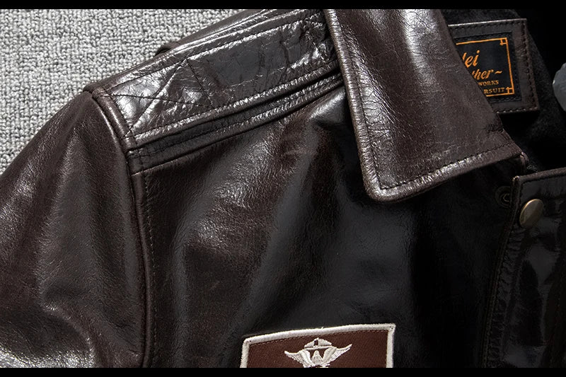 Men's Genuine Leather Military Flight Jacket | Real Leather Embroidered Patches G-1 Bomber Pilot High-Gloss Oil-Wax Brown