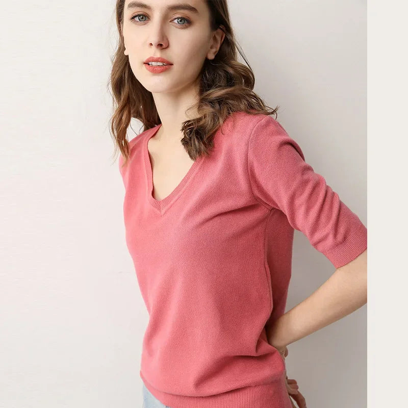 Spring Autumn New Style V-Neck Thin Knitted Loose Short Sleeve Women's T-Shirt Thin Summer Top Comfortable Base Layer Shirt