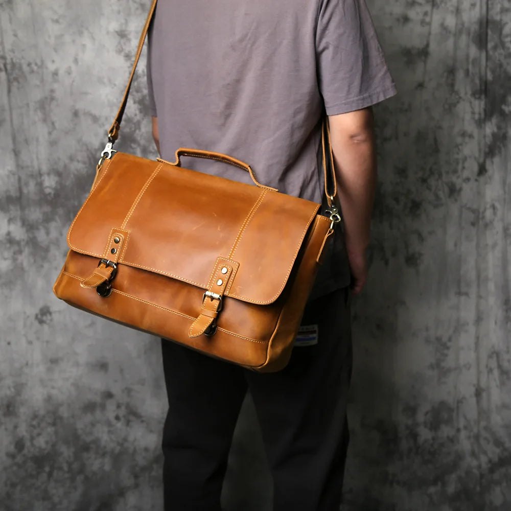 NZPJ Vintage Leather Men's Briefcase Crazy Horse Leather Handbag Casual Natural Cowhide Computer Bag Shoulder Messenger Bag